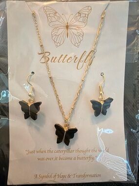 Black Butterfly Gold-Tone Necklace & Earring Set